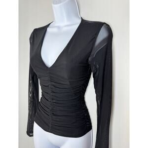 Ten Sixty Sherman Women’s Sheer Mesh V‎ Neck Top XS Black Ruched Goth EDM Dance